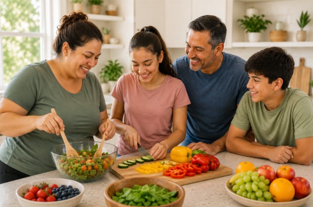 Family cooking healthy food together in the kitchen