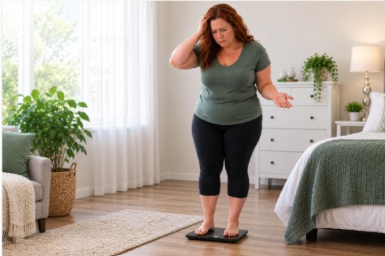 Woman on scale looking puzzled at the number