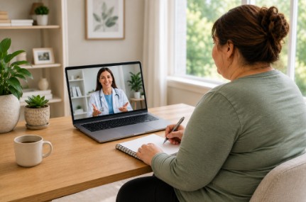 Woman looking at screen with Doctor on it.