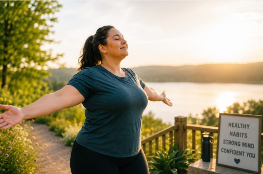 Woman outside on path with arms stretched out with a smile on her face.