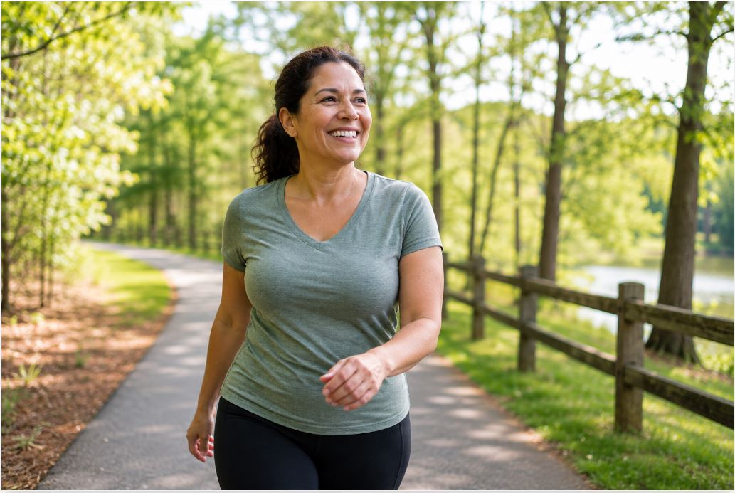 “Woman smiling while walking on a park path during her medical weight loss journey.”