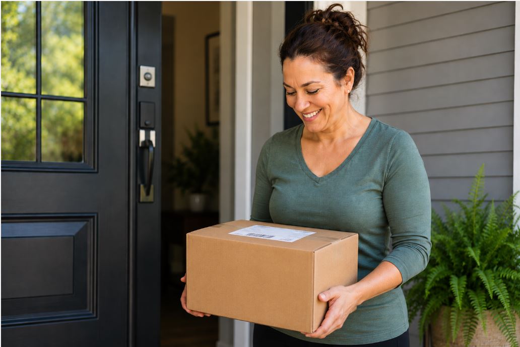 “Woman smiling while holding an unopened medical weight loss prescription delivery box at her front door.”